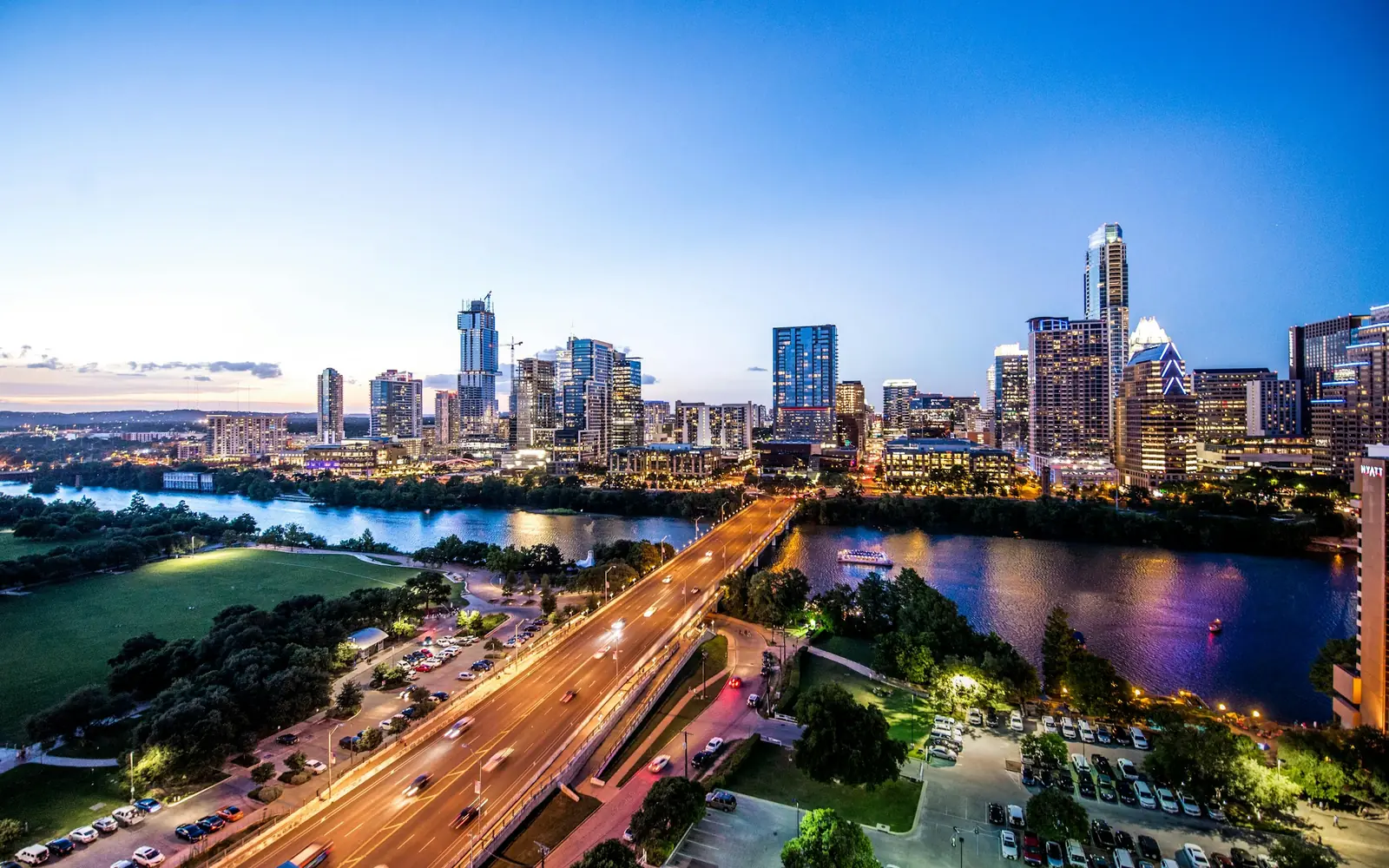 City skyline at dusk